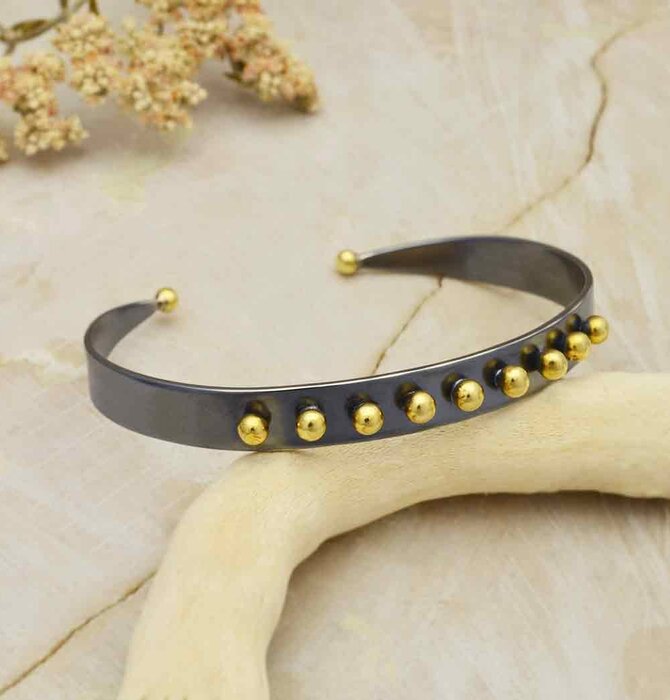 Bracelet Cuff | Mixed Metal Black | Bronze Beads
