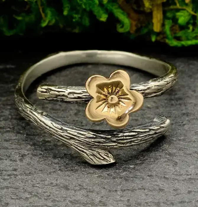 Ring | Cherry Blossom Flower Branch | Bronze Silver Adjustable