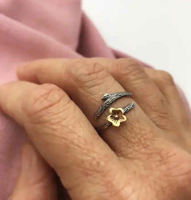 Ring | Adjustable Cherry Blossom Branch | Sterling & Bronze