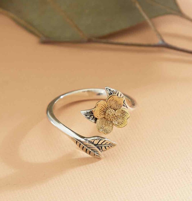 Ring Adjustable Dogwood Flower Sterling & Bronze