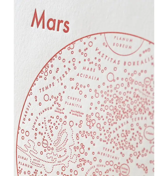 Art Print | Letterpress | 8x8" | Mars Map