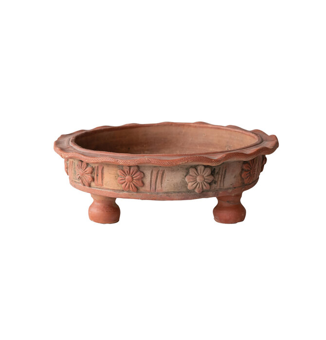 Terracotta Low Bowl | Ruffled & Footed | Embossed Flowers