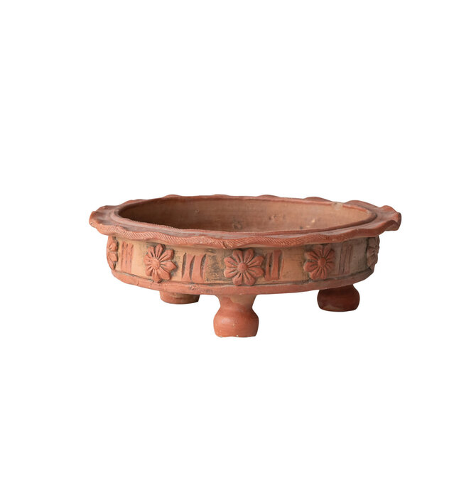 Terracotta Low Bowl | Ruffled & Footed | Embossed Flowers