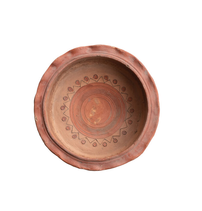 Terracotta Low Bowl | Ruffled & Footed | Embossed Flowers