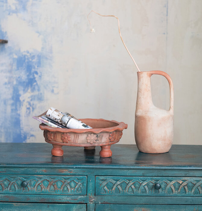Terracotta Low Bowl | Ruffled & Footed | Embossed Flowers
