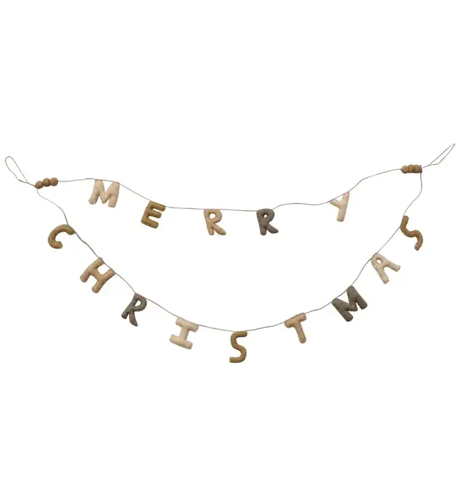 Banner | Wool Felt Double Layer | Poms & Jute Cord | "Merry Christmas" | Neutral Multi Color