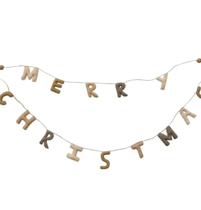 Garland | Merry Christmas Wool Felt Double Layer | Poms & Jute Cord | Neutral Multi Color