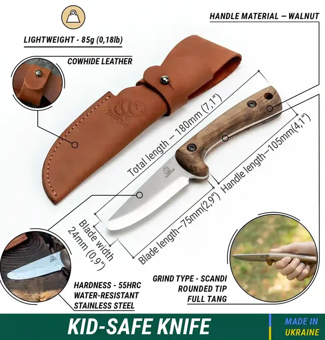 Tool | Kid-Safe Knife | Young Explorers | Leather Sheaf