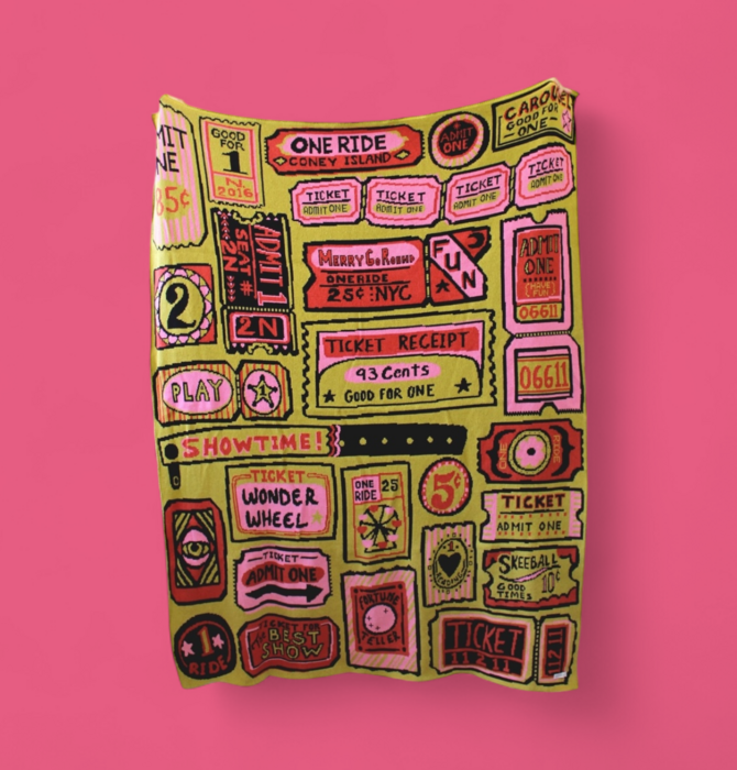 Blanket | Recycled Cotton/Acrylic | Admit One Tickets | Chartreuse/Pink/Red