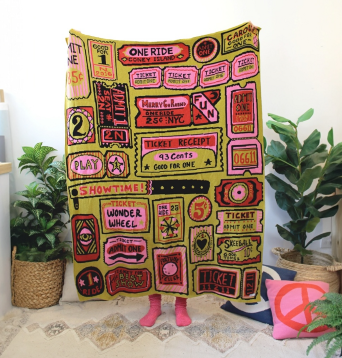 Blanket | Recycled Cotton/Acrylic | Admit One Tickets | Chartreuse/Pink/Red
