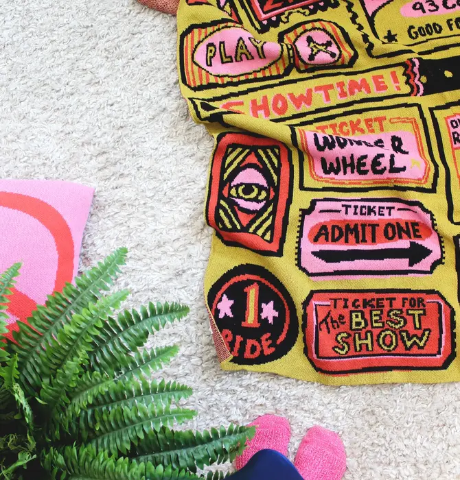 Blanket | Recycled Cotton/Acrylic | Admit One Tickets | Chartreuse/Pink/Red