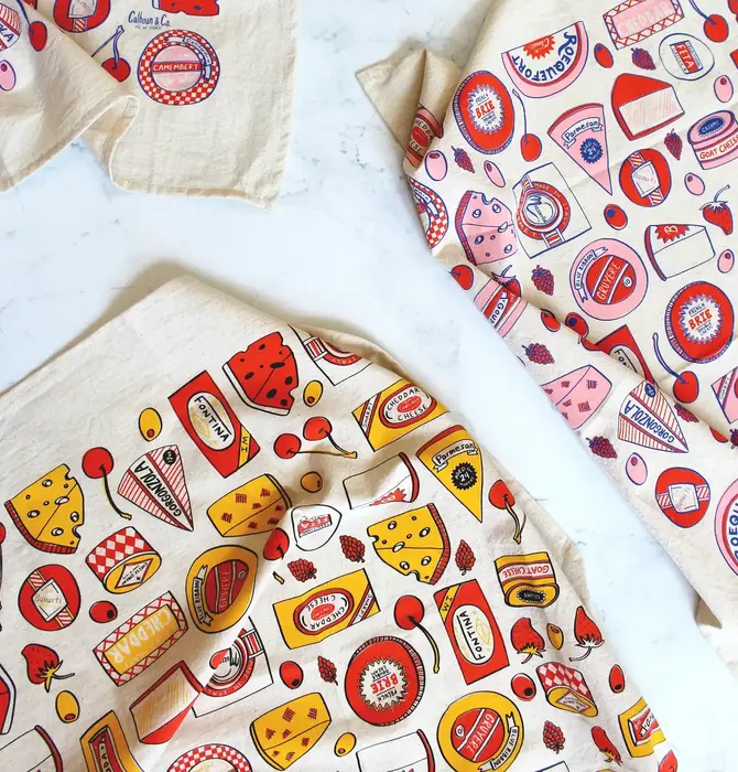 Tea Towel | Screen Printed | Cheese Shop | Yellow/Red/Brown