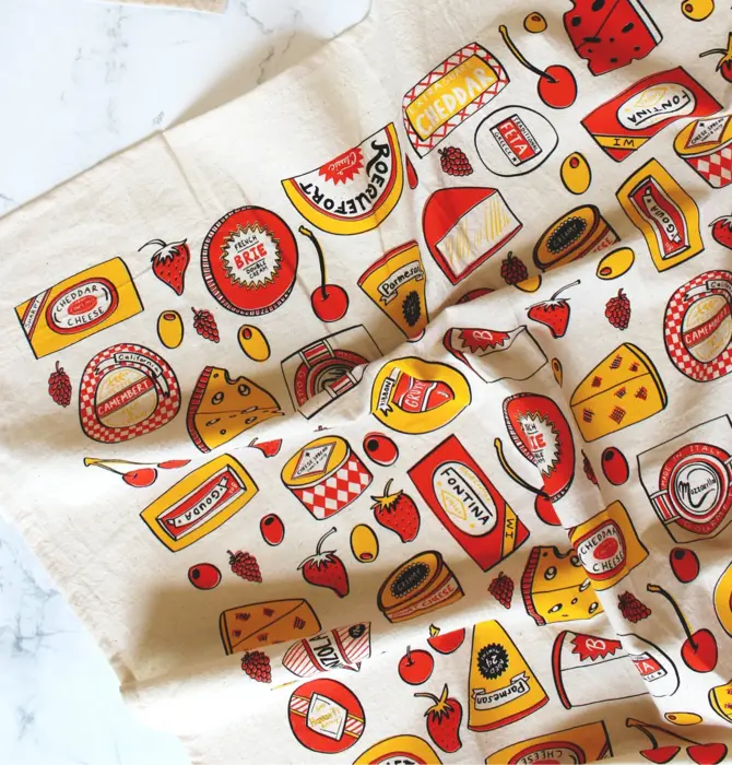 Tea Towel | Screen Printed | Cheese Shop | Yellow/Red/Brown