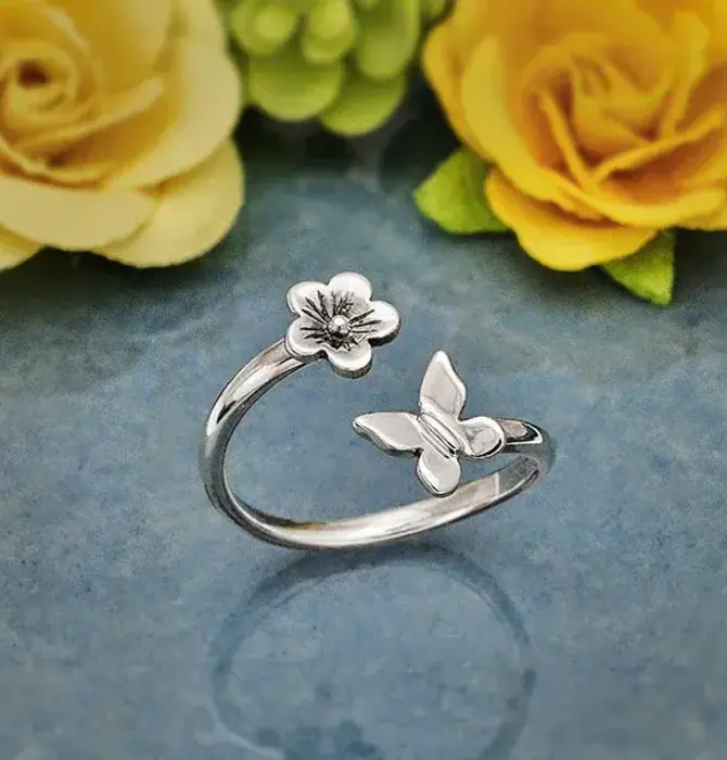 Ring | Sterling Butterfly & Flower | Adjustable Size 7