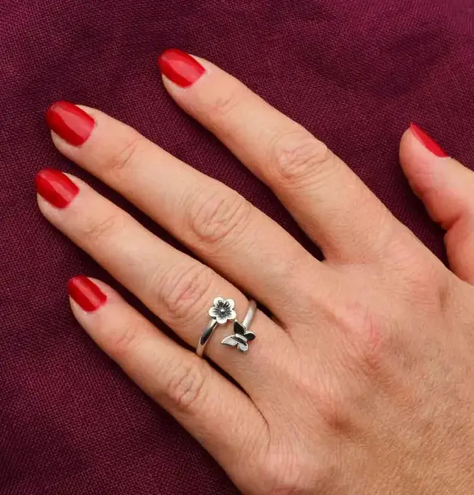 Ring | Sterling Butterfly & Flower | Adjustable Size 7