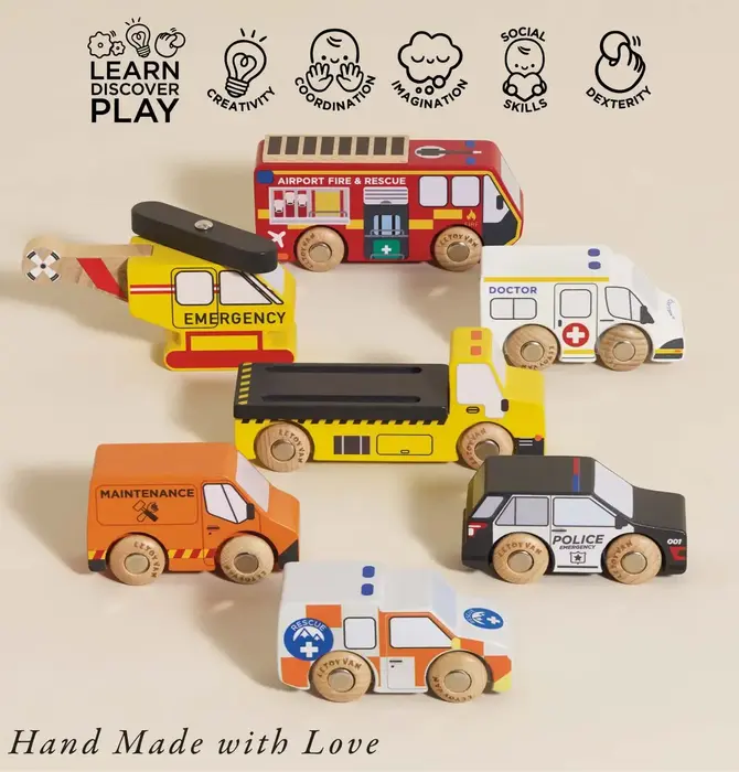 Toy Set | Emergency Helicopter & Rescue Cars | Classic Wooden