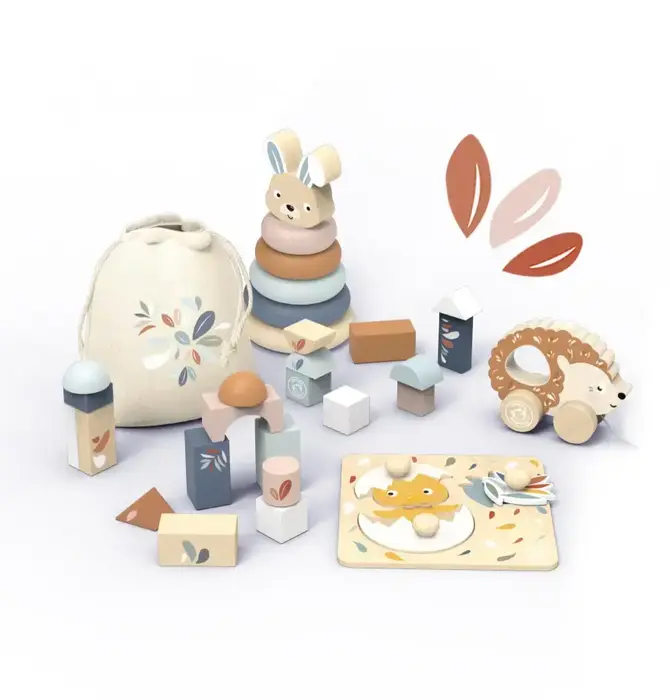 Toy Box | Buildings Blocks + Stacking Rabbit + Chick Puzzle + Pull-Along Hedgehog
