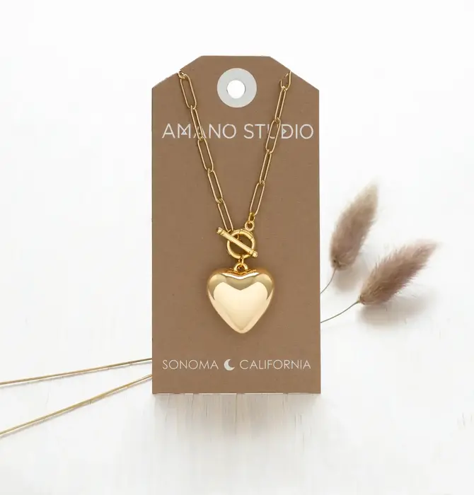 Necklace | Puffed Heart | 20" Toggle Chain | 14KGP