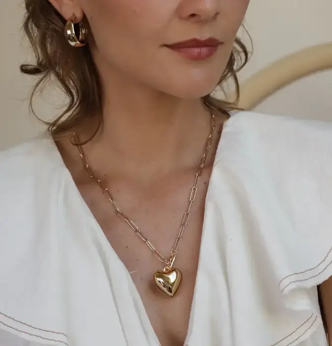 Necklace | Puffed Heart | 20" Toggle Chain | 14KGP