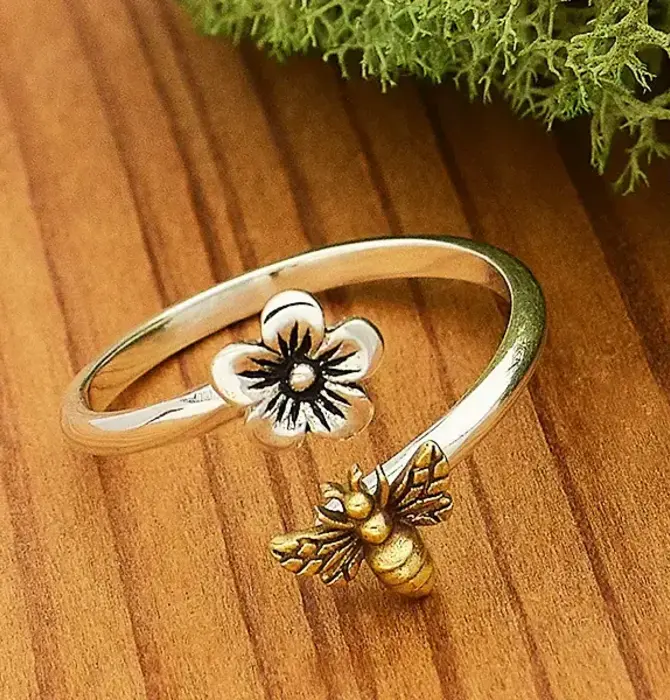 Ring | Flower & Bee | Sterling Silver | Adjustable