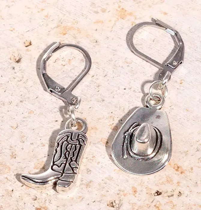 Earrings Hoops | Cowboy Boot & Hat | Antique Silver Plated