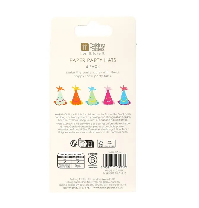 Party Hats | Happy Face Paper | 5 Pack