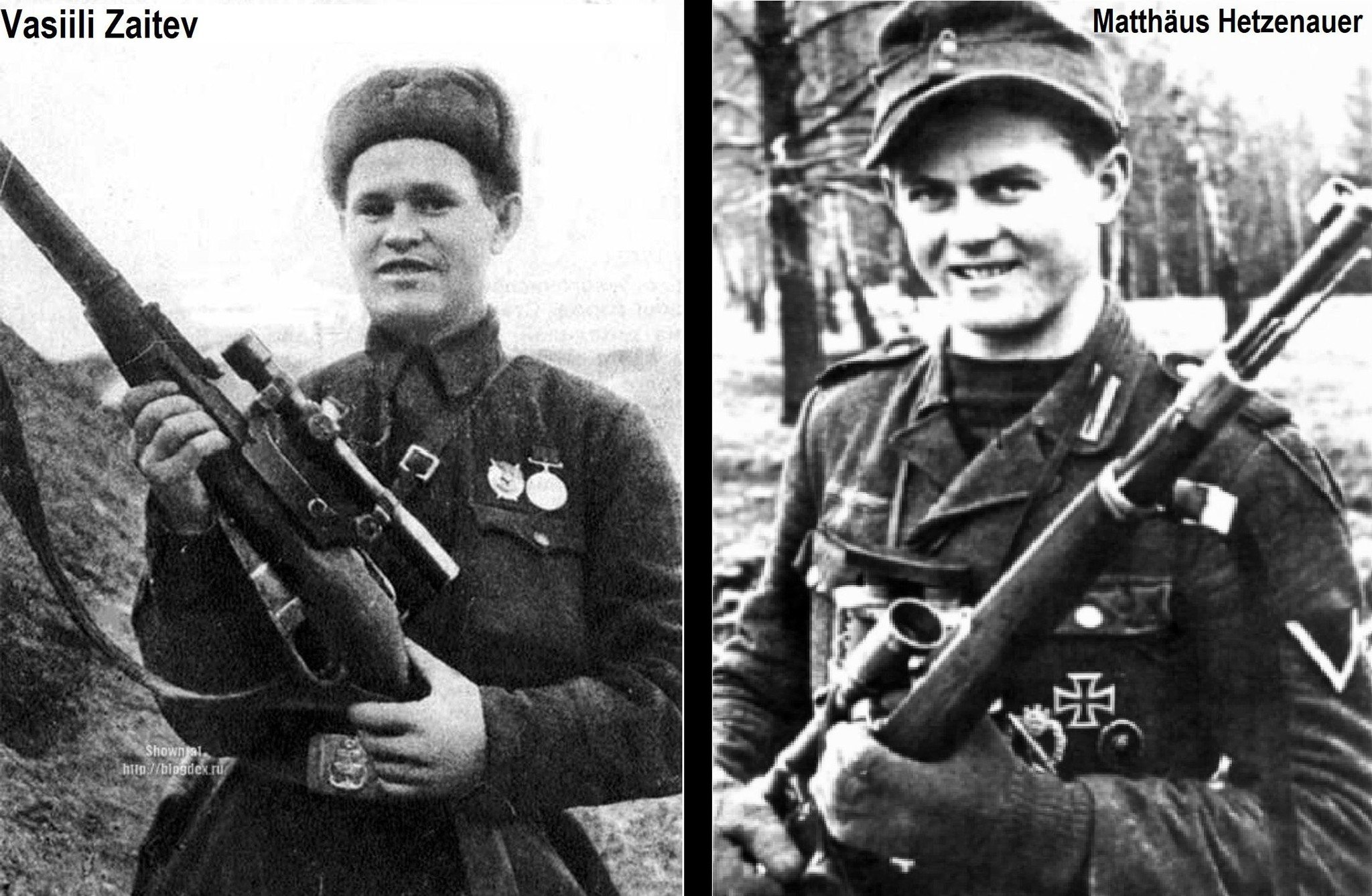 WW2 Sniper aces, Vasilli Zaitsev (Russian, Left) and Matthäus Hetzenauer (Austrian, Right)