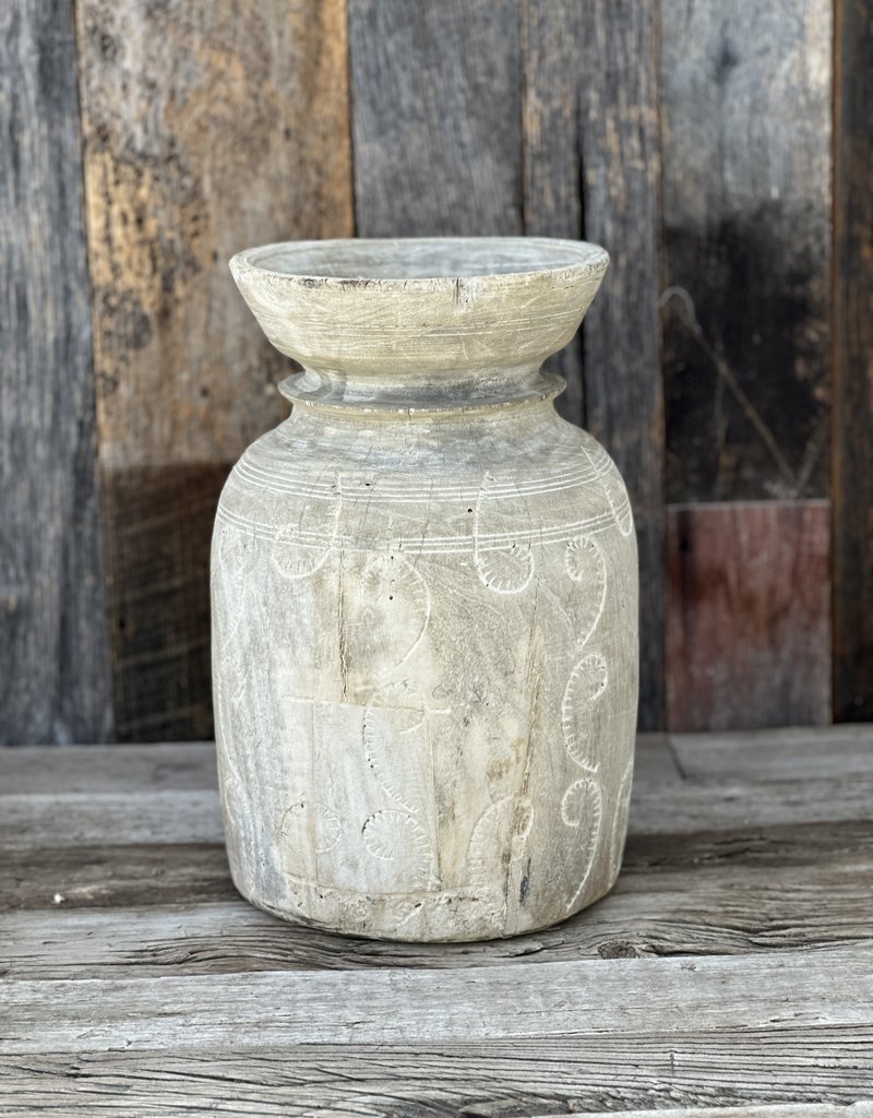 Homart Whitewash Carved Wood Pot Large