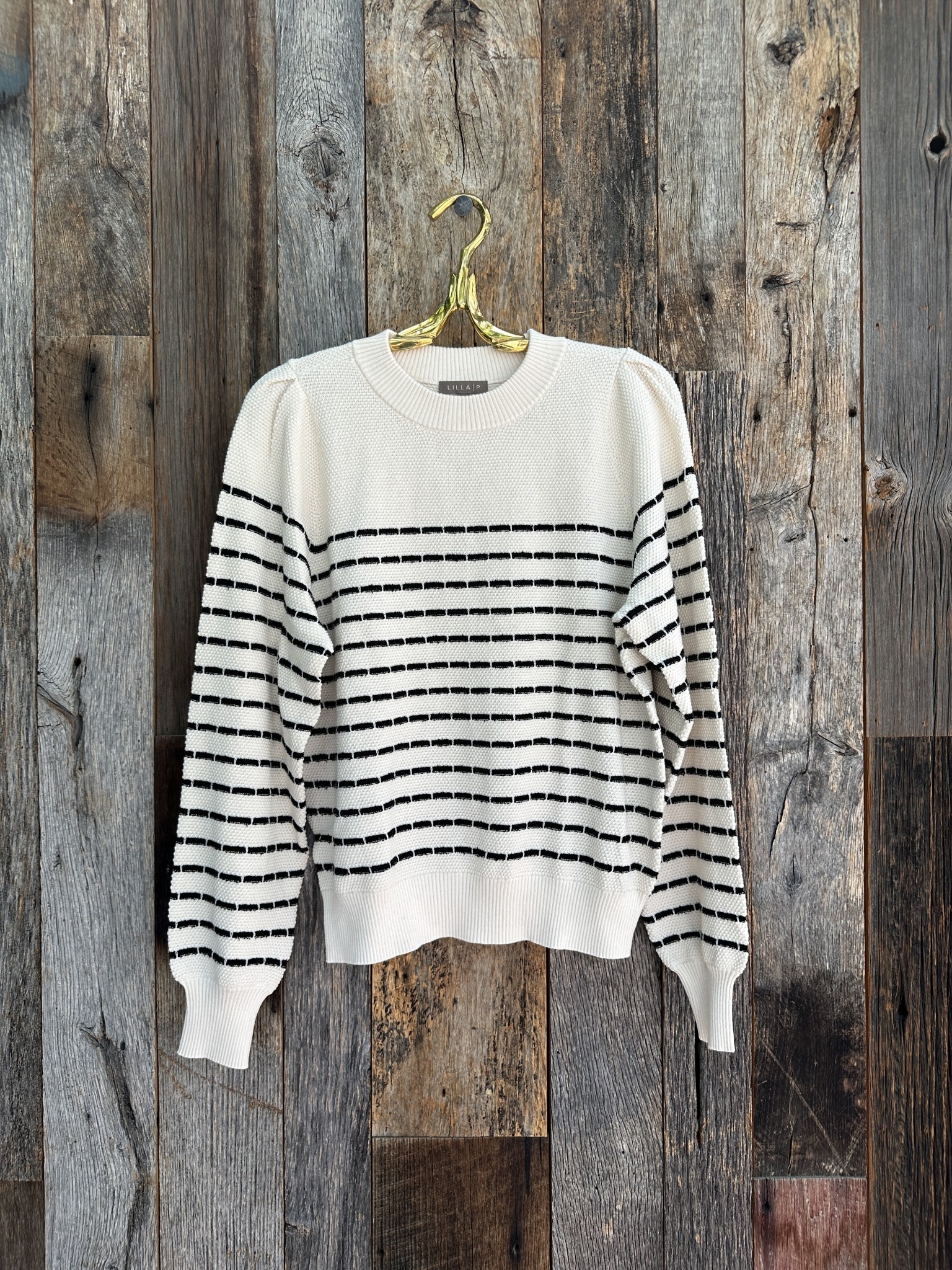 Lilla P Lilla P Full Sleeve Crewneck Sweater Ivory w/ Black Stripe