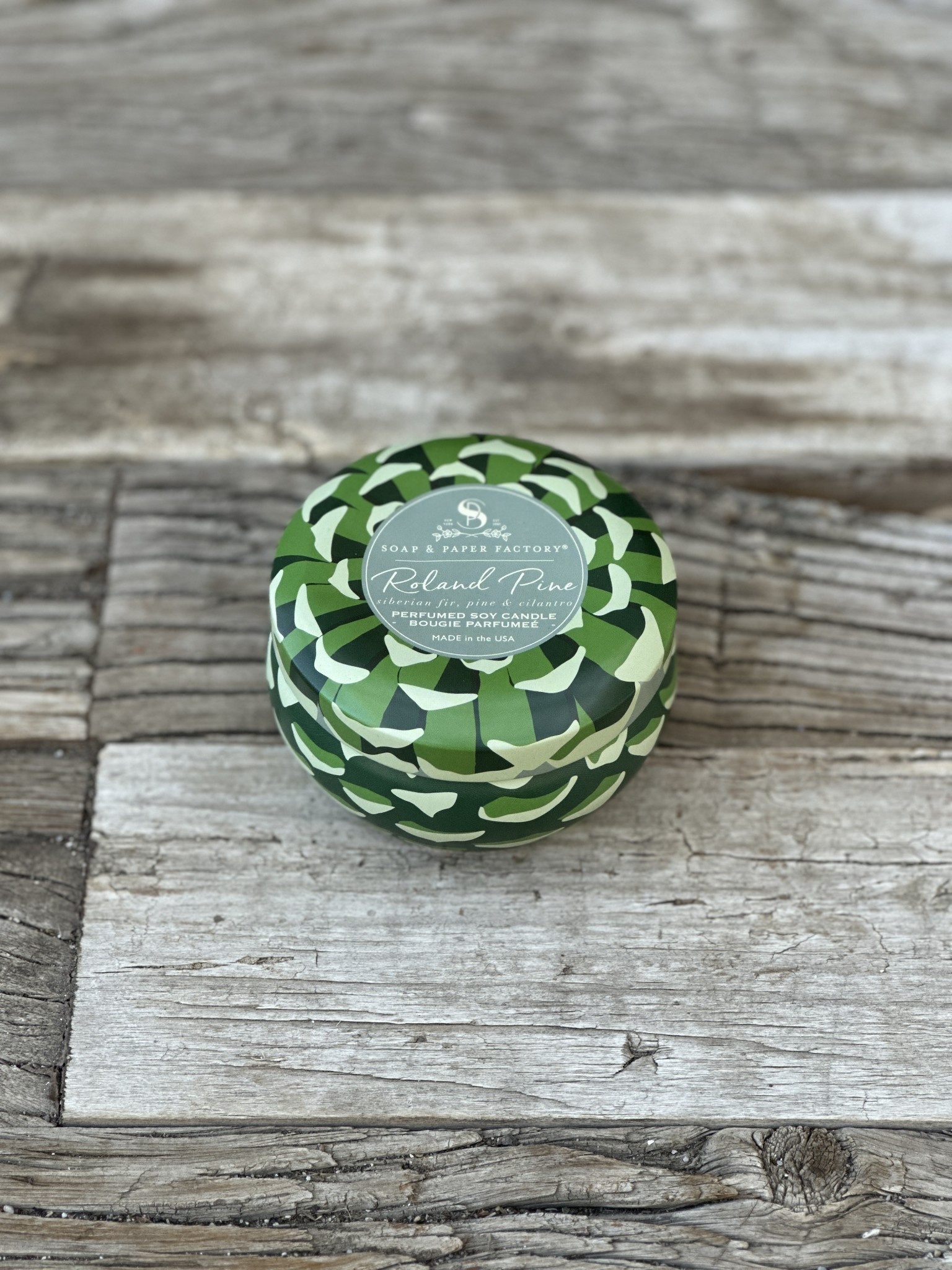 Soap & Paper Factory Roland Pine 6 oz Large Tin Soy Candle Island Farm