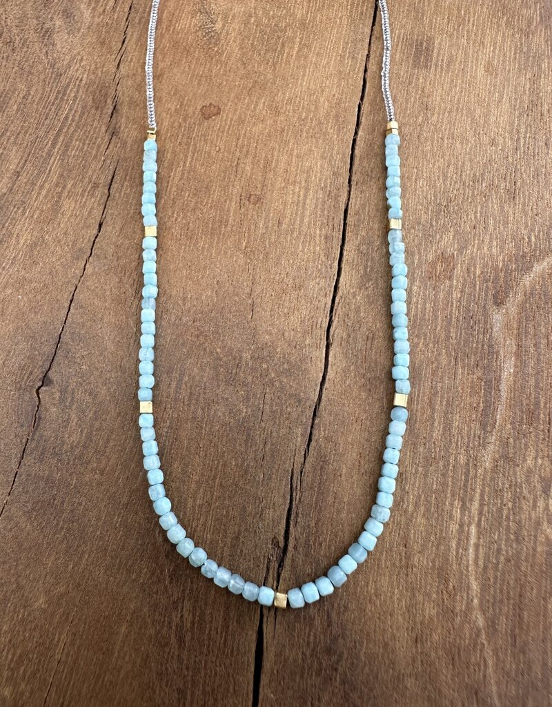 Debbie Fisher CLD72 clear seed, amazonite, GV,  GF clasp