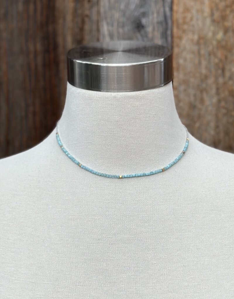 Debbie Fisher CLD72 clear seed, amazonite, GV,  GF clasp