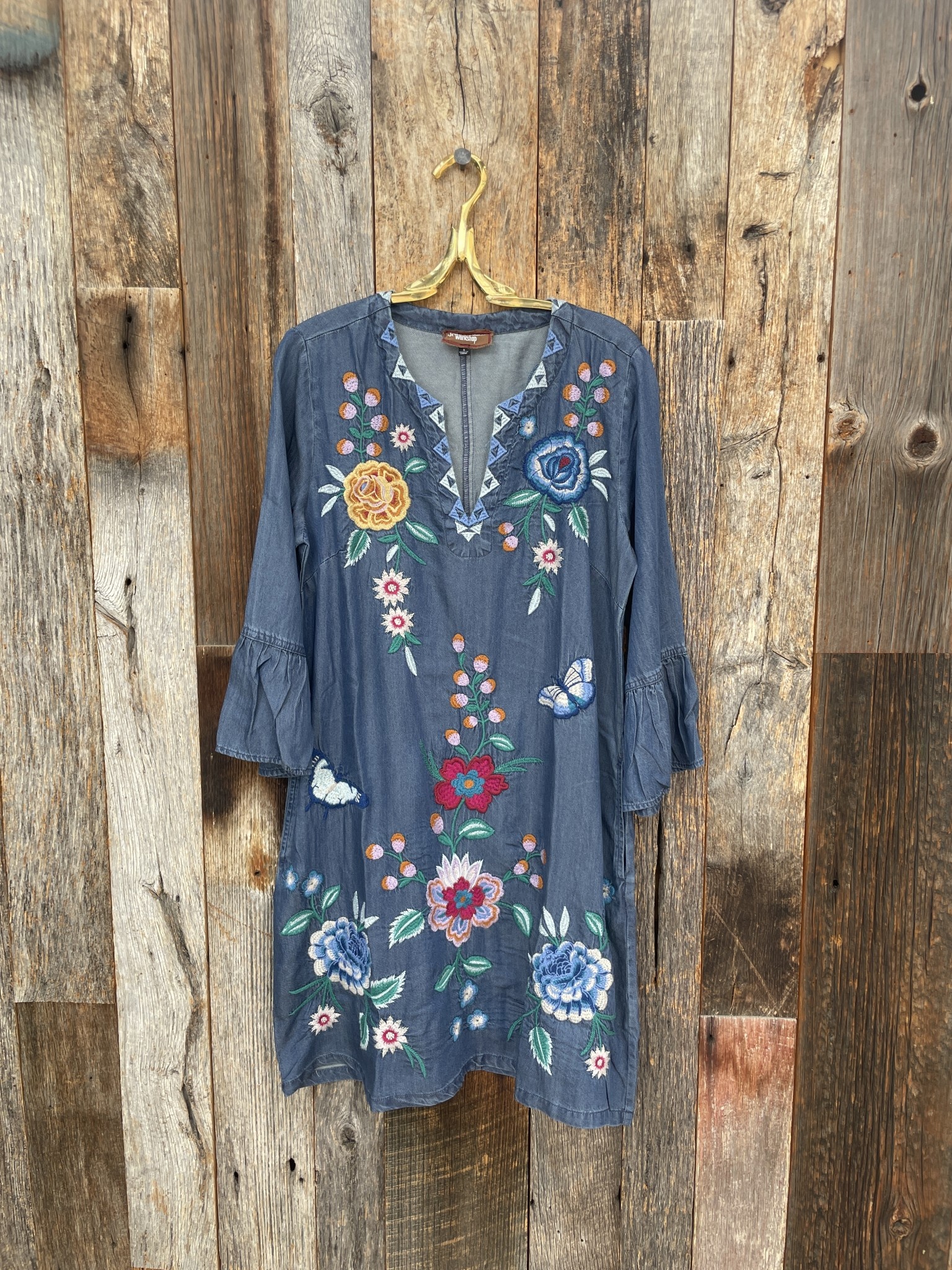 Johnny Was Ruffle Sleeve Dress Denim Blue Island Farm
