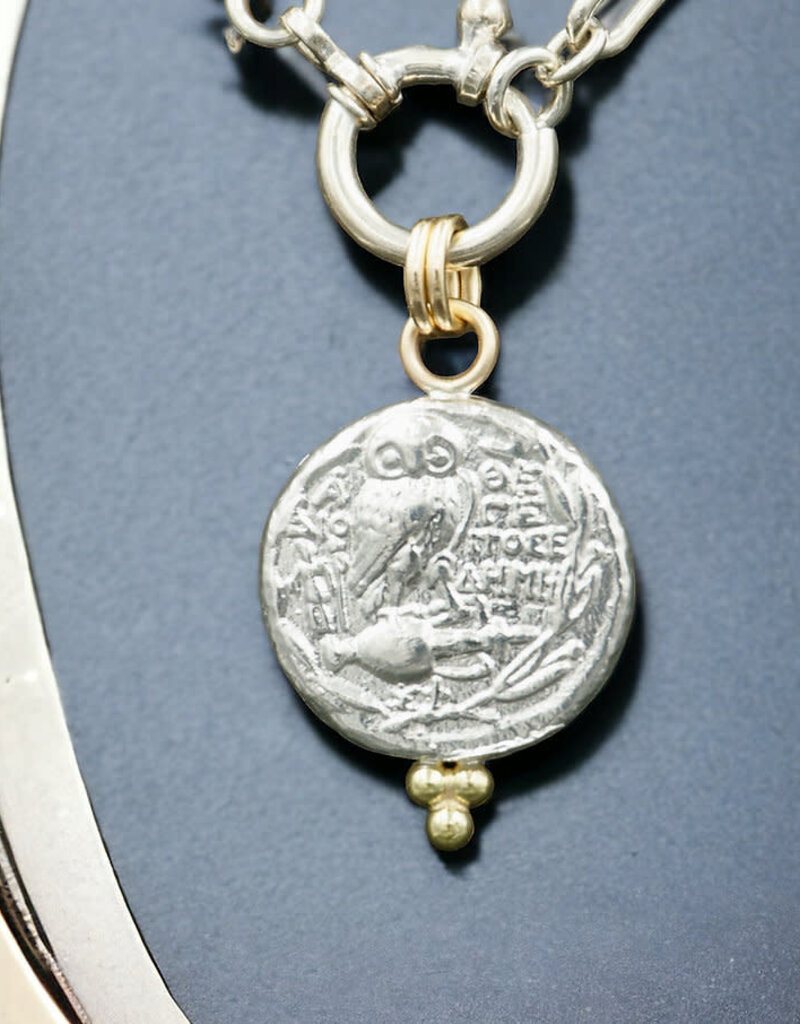 Ashton Handcrafted Jewelry Ashton SS Owl Coin w/ 18K Gold Balls Necklace