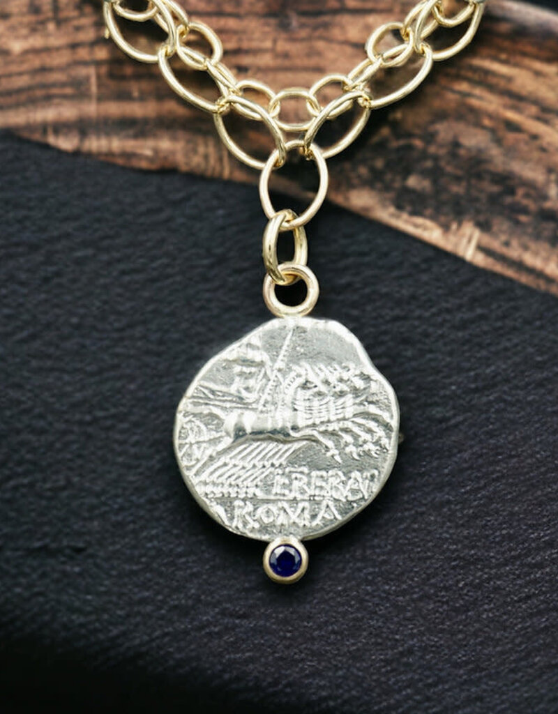 Ashton Handcrafted Jewelry Ashton SS Roman Jupiter Coin w/ Blue Sapphire 14K Necklace