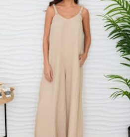 Milio Milano Milio Milano Sleeveless V Neck Wide Leg Jumpsuit Beige
