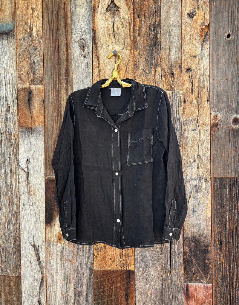 Milio Milano Milio Milano Linen L/S Button Down Top with Edge Stitch Detail Black