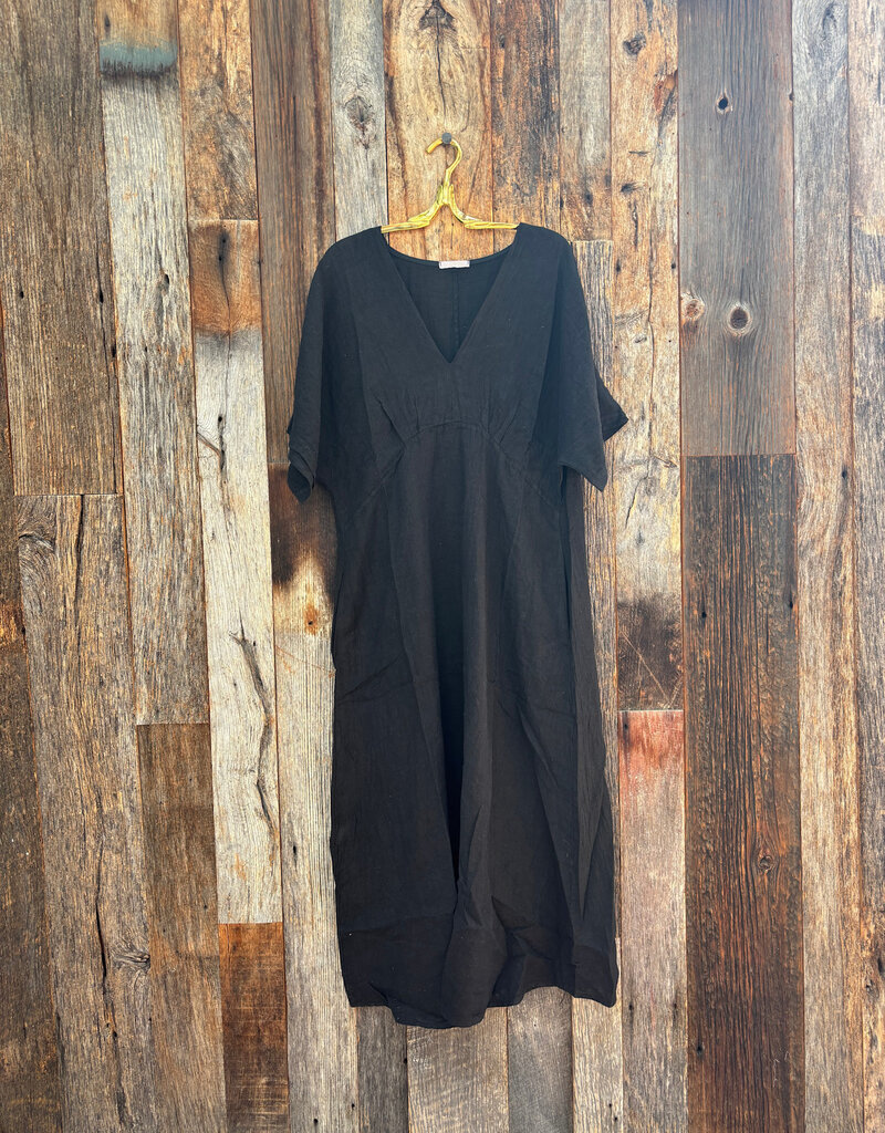 Milio Milano Milio Milano Solid Linen V-Neck Dolman Maxi Dress Black