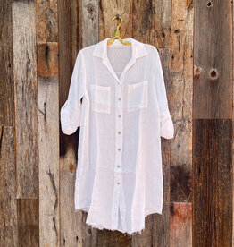 Milio Milano Milio Milano Linen L/S Roll-Tab Linen Button Down Dress White