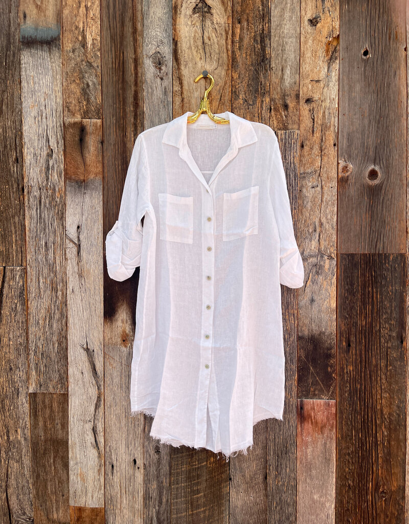 Milio Milano Milio Milano Linen L/S Roll-Tab Linen Button Down Dress White