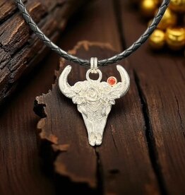 Ashton Handcrafted Jewelry Ashton Western Flower Skull Necklace w/ Red Sapphire
