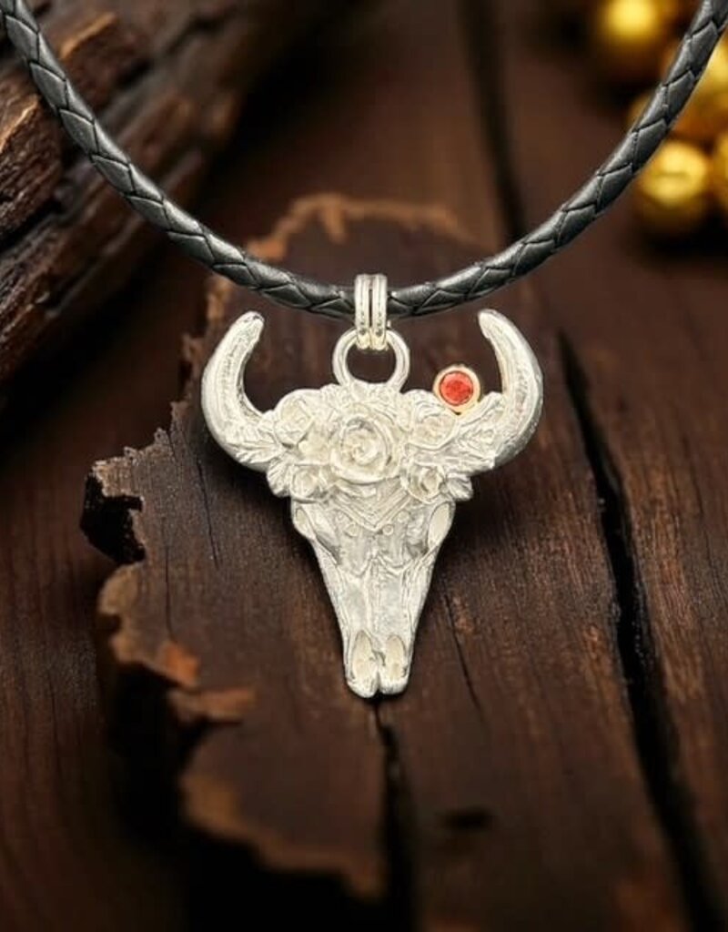 Ashton Handcrafted Jewelry Ashton Western Flower Skull Necklace w/ Red Sapphire