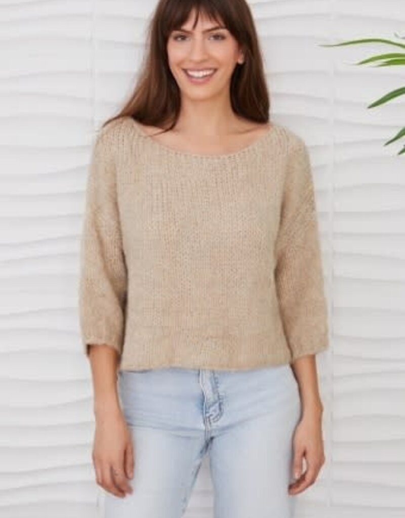 Milio Milano Milio Milano Fuzzy Knit Boat Neck 3/4 Sleeve Sweater Oat Beige