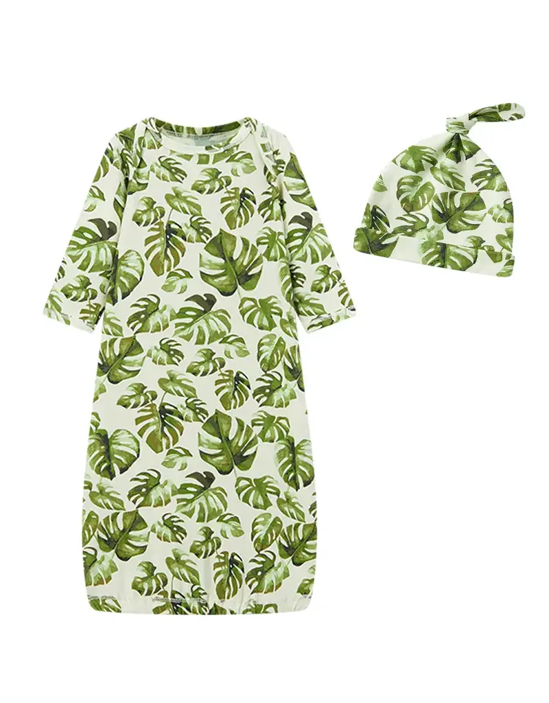 Milkbarn Milkbarn Cotton Stretch NB Gown & Hat Island Leaf