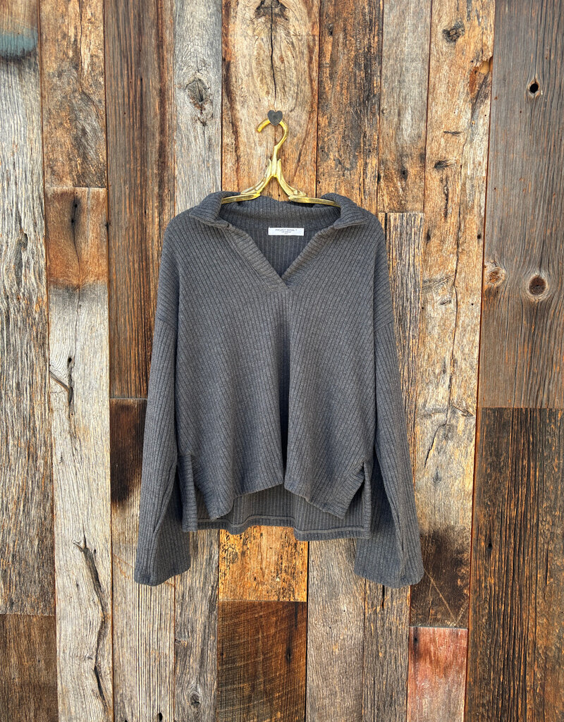 Project Social T Project Social T Shea Brushed Rib Collared Pullover Charcoal