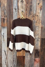 Milio Milano Milio Milano Mock Neck Striped L/S Pullover Knit Sweater Cream/Chocolate Brown