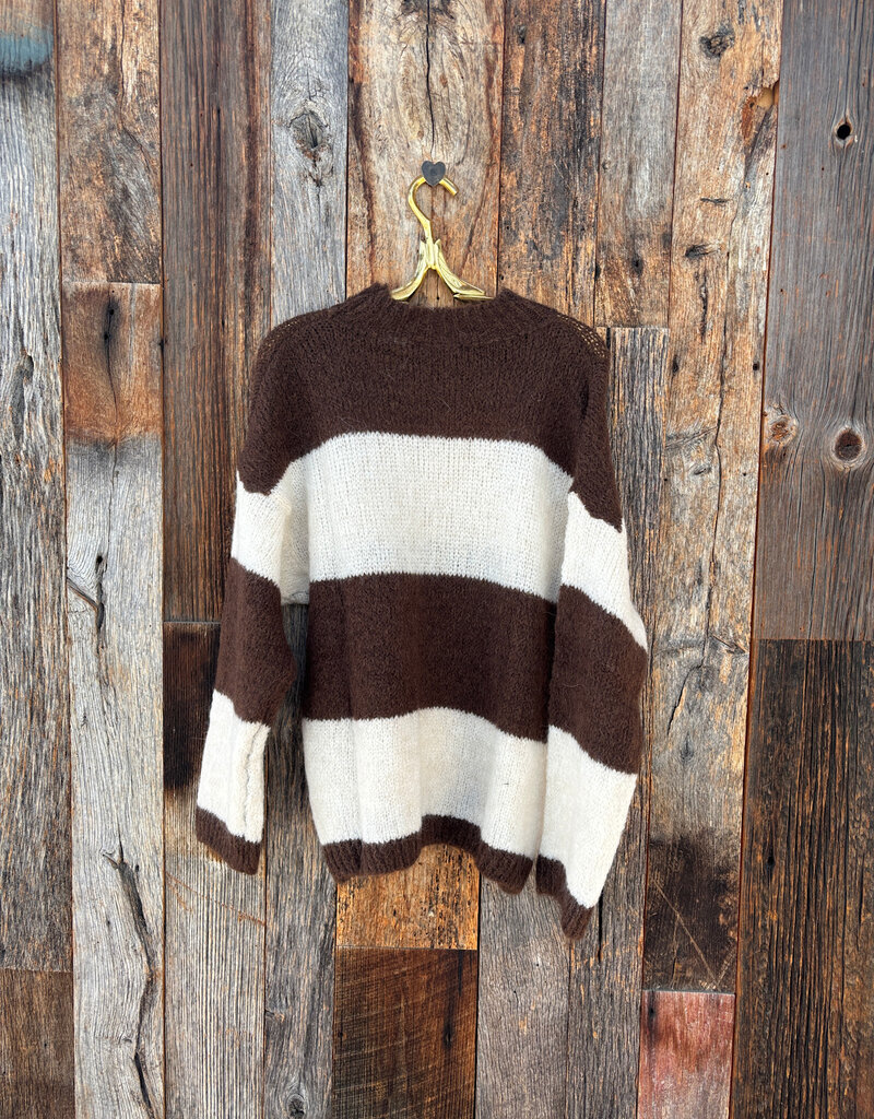 Milio Milano Milio Milano Mock Neck Striped L/S Pullover Knit Sweater Cream/Chocolate Brown
