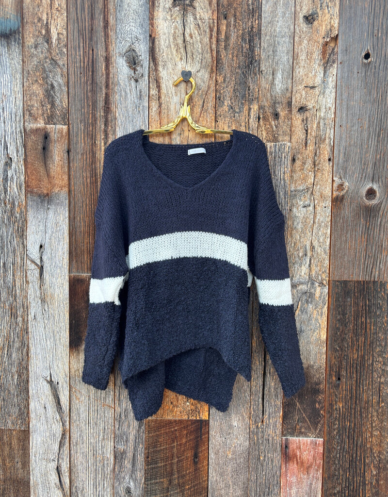 Milio Milano Milio Milano Striped Knit V-Neck Sweater Navy Blue