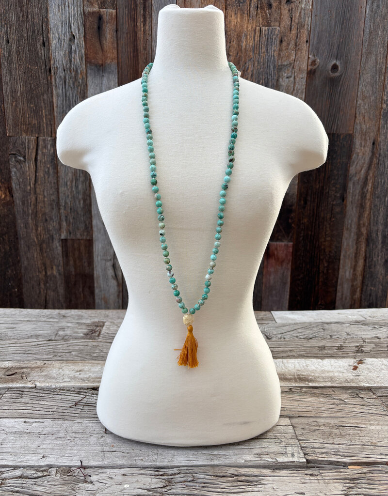 Radiant Malas Peruvian Turq./Bone Carved Flower Mala