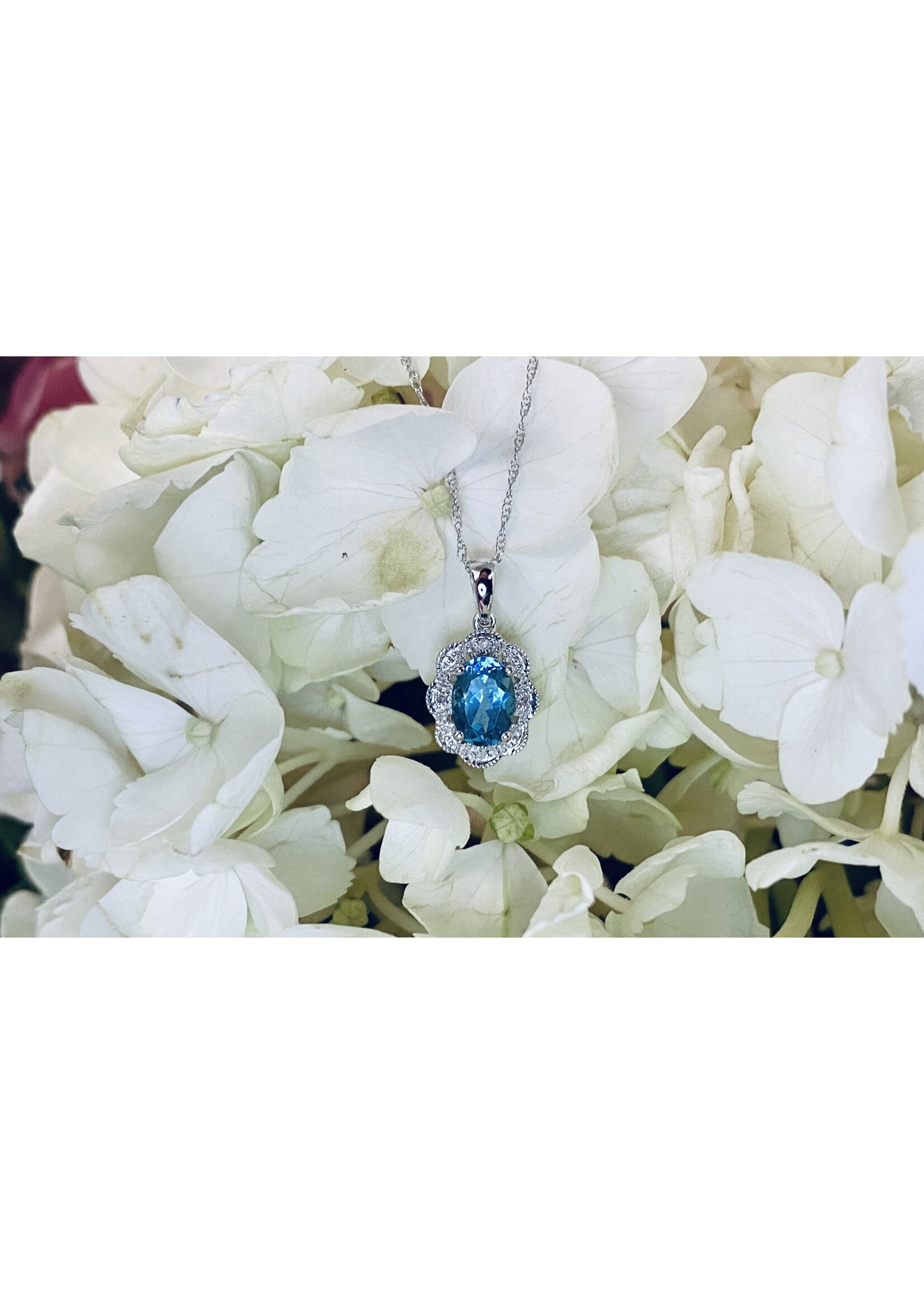 14KW 1.6g .90ctw Blue Topaz & Diamond Halo Pendant 18"